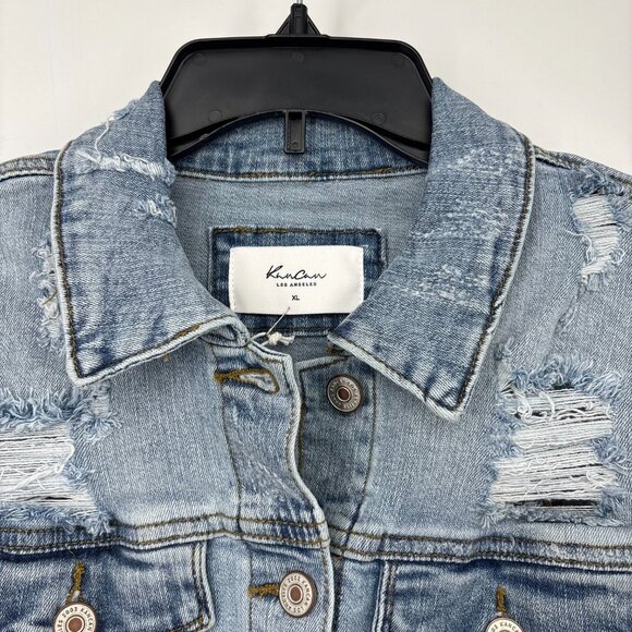 Kancan Women's Frayed Raw Hem Denim Trucker Jacket Blue Med Wash Size XL NWT - Picture 4 of 5